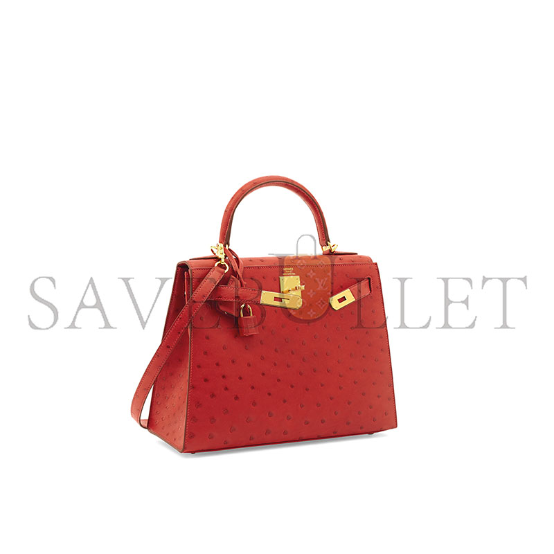H**mes master kelly 25 ostrich sellier red gold hardware (25*17*7cm)